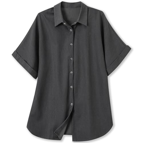 Womens Snap Front Blouses Denim Lyocell Tops Casual Short Sleeve